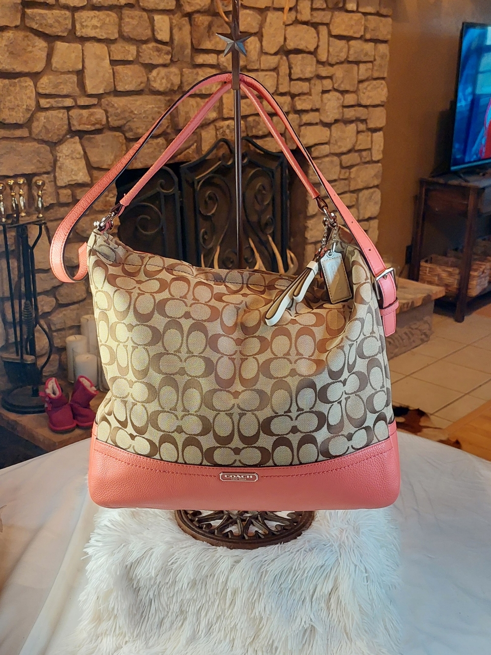 PRISTINE Coach Park Signature Hobo Bag Coral/Khaki 2013 + Crossbody Strap